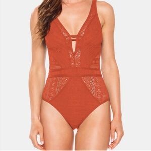 Becca Show & Tell Plunge Swimsuit Lace Crochet Burnt Orange XS